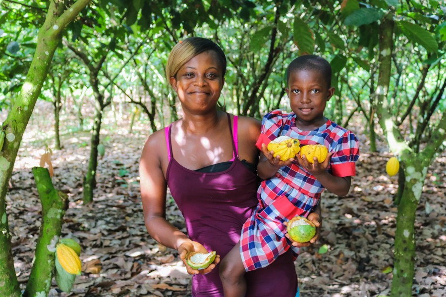 Mother and daughter in a cocoa field